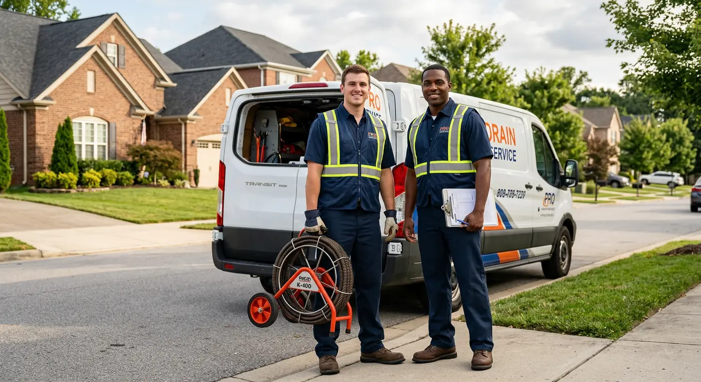 Sewer and drain service team with equipment ready for work in Uxbridge