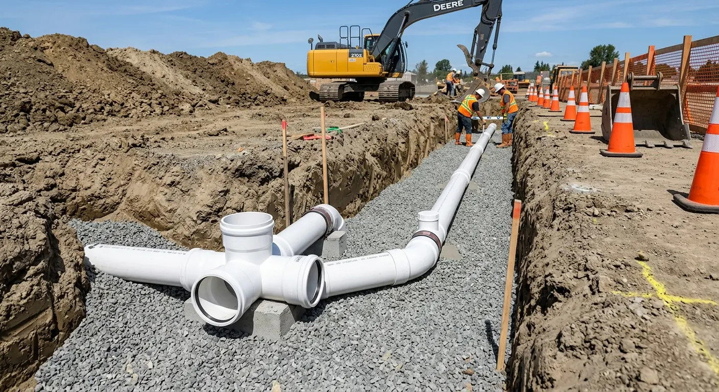 New PVC sewer pipe installation in open trench for Sewer Backup in Uxbridge