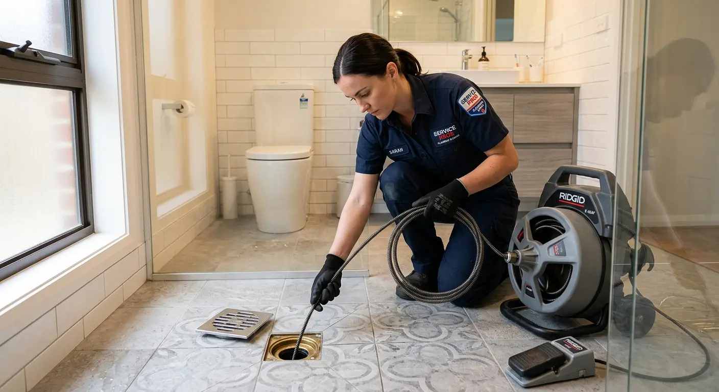 Technician clearing a bathroom floor drain for Sewer Line Replacement in Uxbridge